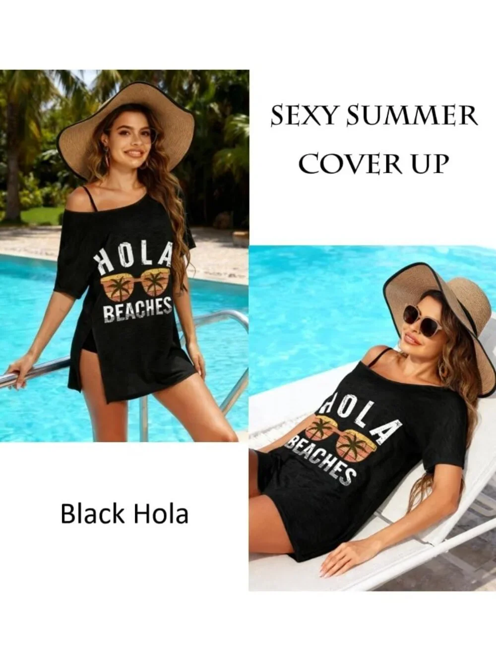 Women's Black Hola Short Sleeve Cover Ups for Beach Bathing Suit Swimwear